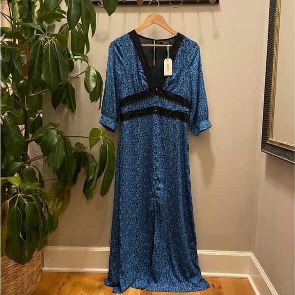 ADOR Floral Long Maxi Dress Blue | V Neck, Slit, Black Lace Trim, Small, NWT - Picture 2 of 10
